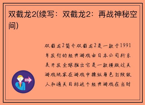 双截龙2(续写：双截龙2：再战神秘空间)